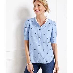 NEW Talbots Top Womens Large Vespa Embroidered Ruffled Neckline Chambray